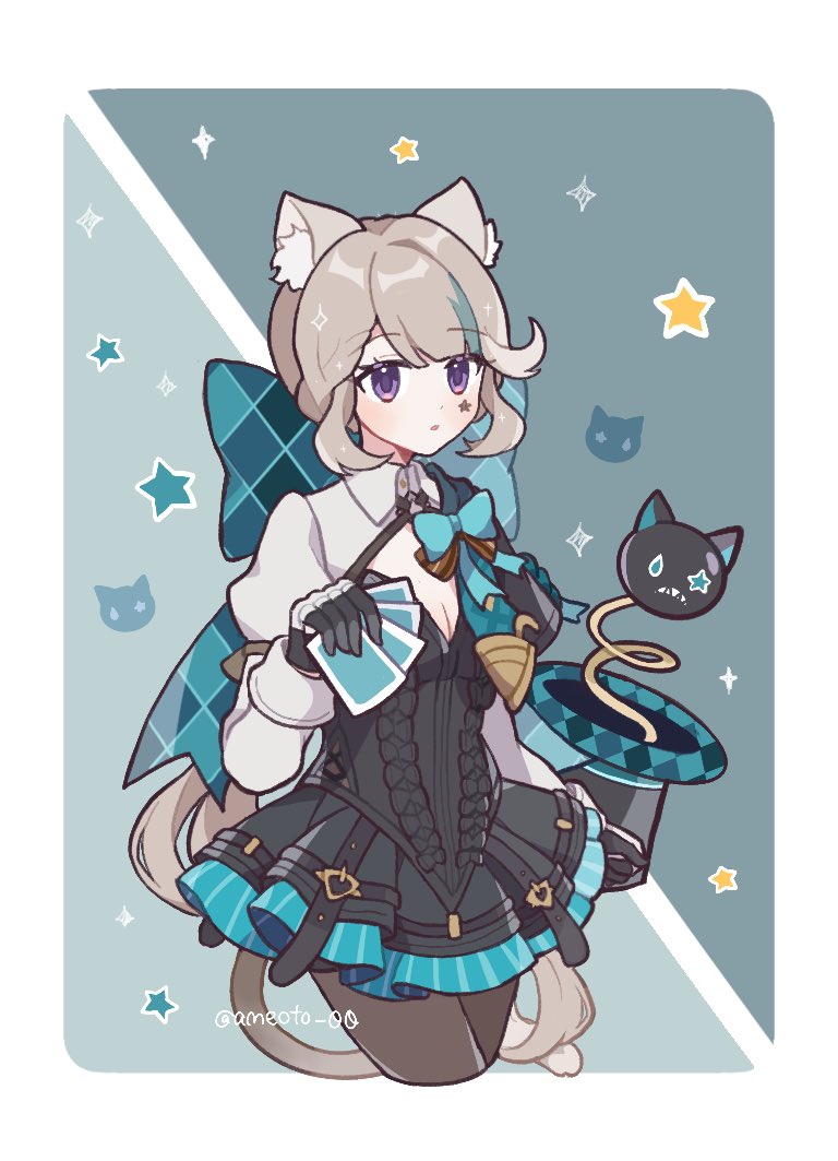 1girl :o ameoto_00 animal_ear_fluff animal_ears aqua_background aqua_bow aqua_hair artist_name belt black_belt black_gloves black_headwear black_leotard black_pantyhose blue_background blunt_bangs blush border bow card cat_ears cat_girl cat_tail commentary_request cowboy_shot cropped_legs expressionless eyelashes facial_mark frilled_leotard frills genshin_impact gloves grey_hair hair_bow hand_up hat hat_removed headwear_removed holding holding_card huge_bow leotard long_hair long_sleeves looking_at_viewer low_ponytail lynette_(genshin_impact) multicolored_hair open_mouth outside_border pantyhose parted_bangs parted_lips playing_card ponytail shrug_(clothing) sidelocks sleeve_cuffs solo sparkle star_(symbol) star_facial_mark streaked_hair tail top_hat twitter_username two-tone_gloves violet_eyes white_border white_gloves wing_collar