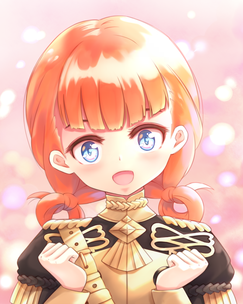 1girl annette_fantine_dominic asairosora black_jacket blue_eyes blush clenched_hands commentary fire_emblem fire_emblem:_three_houses garreg_mach_monastery_uniform gold hair_rings hands_up happy head_tilt jacket long_sleeves looking_at_viewer medium_hair open_mouth orange_hair pink_background smile solo straight-on upper_body wide-eyed