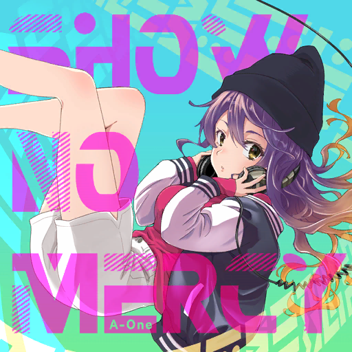 1girl a-one album_cover alternate_costume beanie black_headphones black_headwear black_jacket blonde_hair blue_background cable casual chin cover english_text eyelashes floating game_cg gradient_background gradient_hair green_background hands_on_headphones hat hijiri_byakuren jacket long_hair long_sleeves looking_at_viewer multicolored_hair official_art open_clothes open_jacket parted_lips pink_shirt purple_hair sasaki_mitsuru shirt shorts touhou touhou_cannonball two-tone_background white_shorts white_sleeves yellow_eyes