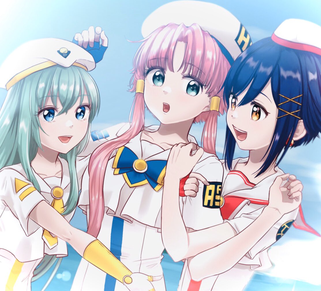 3girls :d aika_granzchesta alice_carroll aogirism aqua_eyes aria beret blue_bow blue_bowtie blue_eyes blue_sky bow bowtie brown_eyes collarbone commentary_request crossed_bangs day dress dutch_angle gold_trim hair_ornament hands_up hat hug long_hair looking_at_another mizunashi_akari multiple_girls ocean open_mouth outdoors parted_bangs pink_hair print_dress red_bow red_bowtie red_headwear sailor_collar short_hair_with_long_locks short_sleeves sidelocks sky smile teeth two-tone_headwear upper_body upper_teeth_only white_dress white_headwear x_hair_ornament