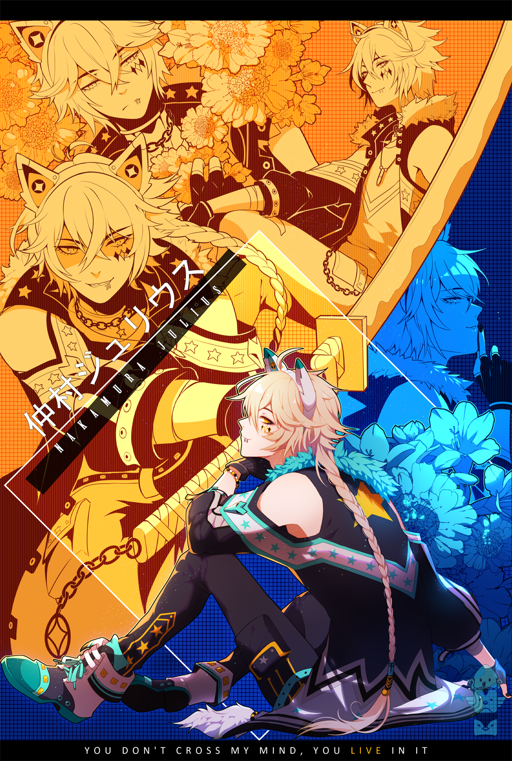1boy arm_on_knee bishounen black_border black_gloves black_jacket black_pants black_shirt blonde_hair blue_collar blue_theme boots border braid cat_ear_hairband chain character_name collaboration collar commission cross-laced_footwear diamond_on_cheek english_commentary english_text facial_mark finger_to_own_chin fingerless_gloves flower_request from_behind from_side frown fur_scarf gloves green_footwear hair_behind_ear hairband hand_on_own_chin hen-tie high_collar highres holding holding_sword holding_weapon jacket jewelry kanlamari katana long_hair long_sleeves looking_at_viewer looking_back male_focus necklace off_shoulder original pants parted_lips puffy_long_sleeves puffy_sleeves shaded_face shirodoodoos shirt single_braid sitting sleeveless sleeveless_shirt smirk star_(symbol) star_print sword tassel two-tone_footwear v-shaped_eyebrows very_long_hair weapon white_footwear white_hairband yellow_eyes yellow_theme