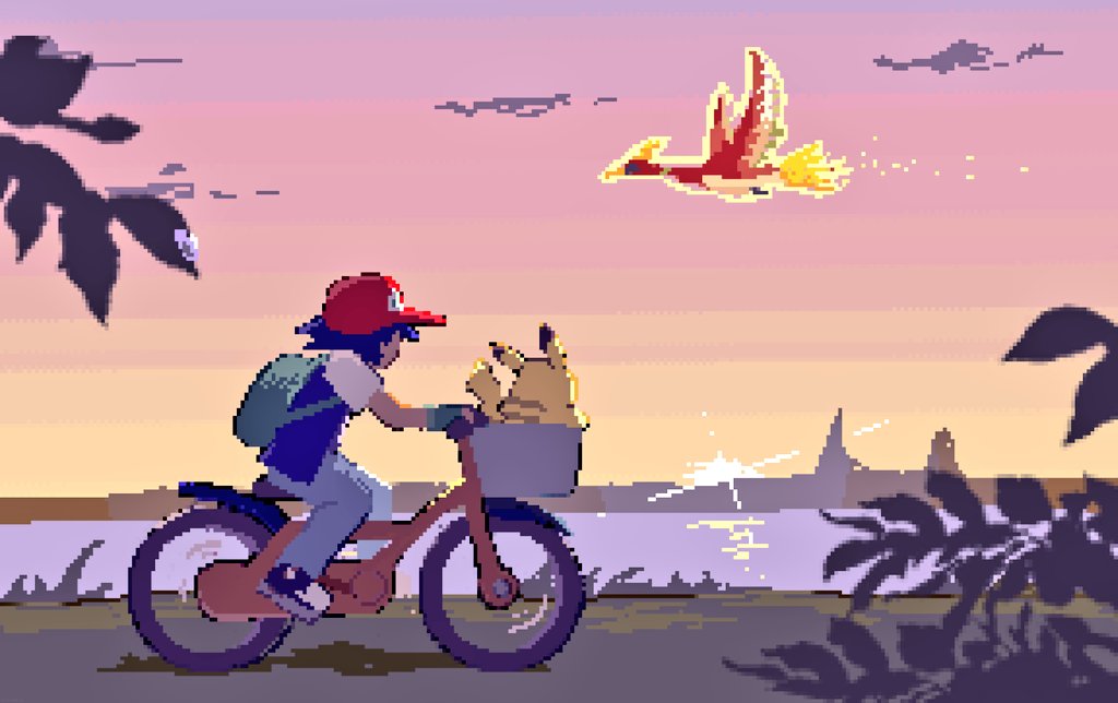1boy ash_ketchum backpack bag bicycle bird black_footwear black_hair clouds commentary_request from_side gloves green_bag green_gloves grey_pants hat ho-oh jacket male_focus natonashi outdoors pants pikachu pixel_art pokemon pokemon_(anime) pokemon_(classic_anime) pokemon_(creature) red_headwear riding riding_bicycle shoes short_hair short_sleeves sky sneakers sunset twilight water
