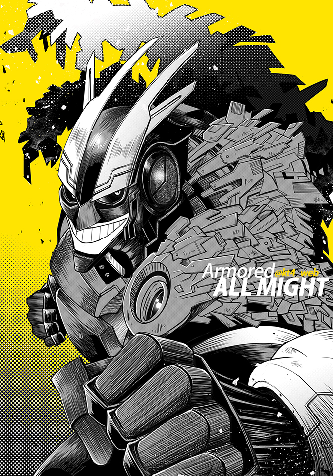 1boy all_might armor black_sclera boku_no_hero_academia character_name clenched_hand colored_sclera fighting_stance grin helmet male_focus mixed-language_commentary monochrome smile solo spoilers tsukuyomi_kou twitter_username yellow_background