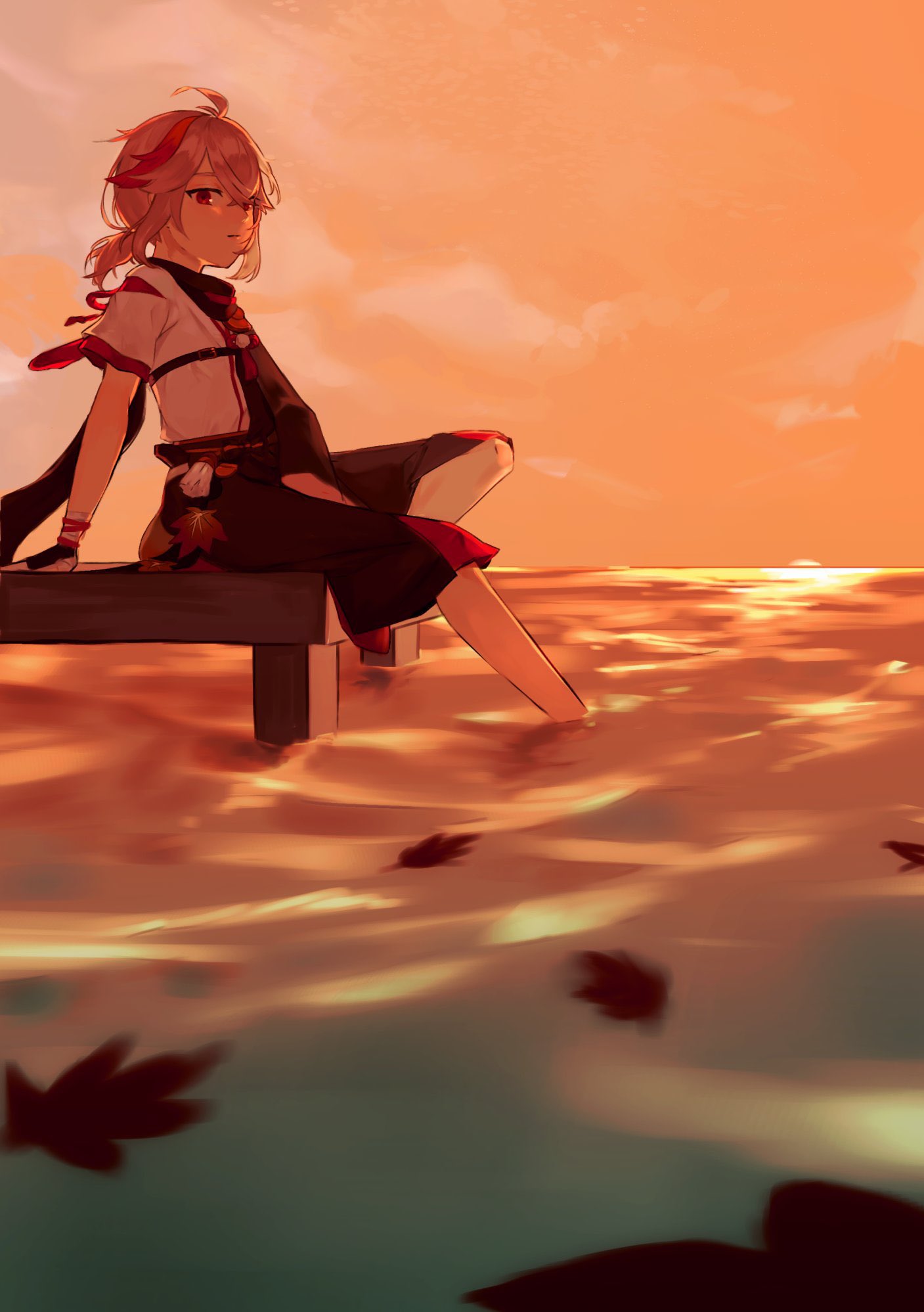 1boy black_gloves closed_mouth clouds dock evening genshin_impact gloves grey_hair highres japanese_clothes kaedehara_kazuha leaf male_focus multicolored_hair orange_sky outdoors ponytail red_eyes redhead sitting sky soaking_feet solo streaked_hair water yamimumemo