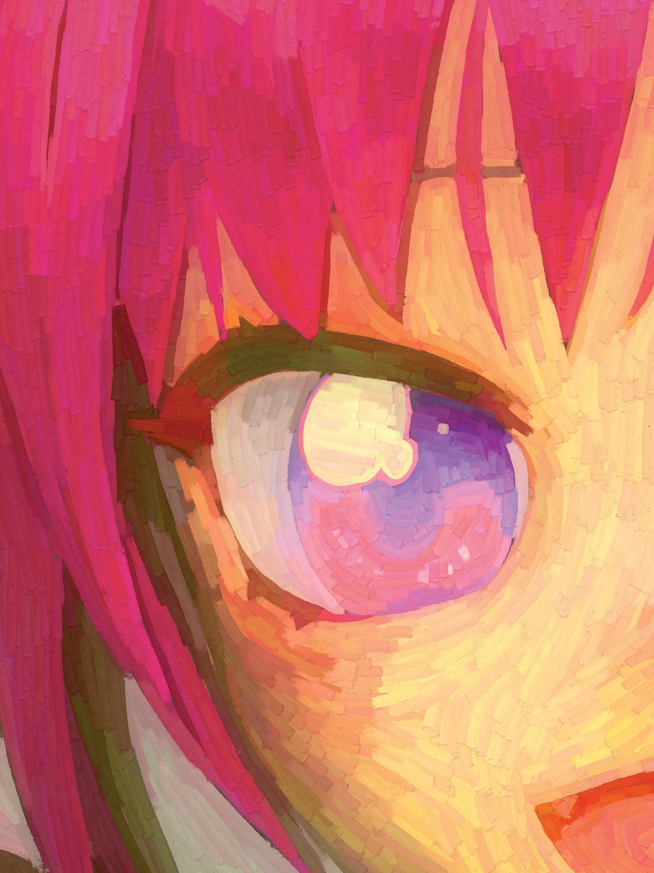 1girl close-up commentary cropped english_commentary eye_focus highres looking_at_viewer open_mouth original pink_hair solo ufoshock violet_eyes