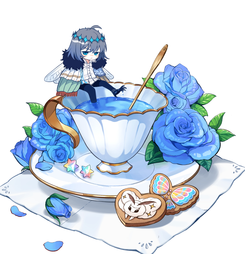 1boy ahoge blanca_(fate) blue_eyes blue_flower blue_rose claws cloak closed_mouth cup dragonfly_wings fate/grand_order fate_(series) flower frown fur-trimmed_cloak fur_trim grey_hair heart-shaped_cookie leaf male_focus mini_person miniboy napkin oberon_(fate) oberon_(third_ascension)_(fate) petals plate rose shirt short_hair simple_background sitting solo spoon teacup weii2021 white_background white_shirt