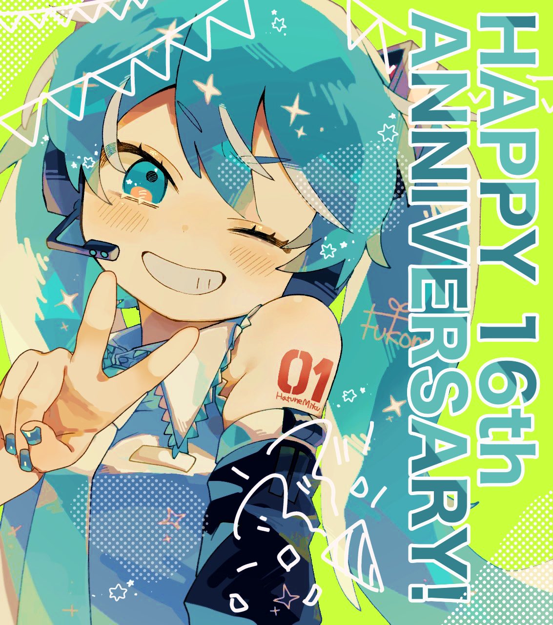 ! 1girl ;) anniversary aqua_eyes aqua_hair aqua_nails aqua_necktie bare_shoulders black_sleeves blush character_name detached_sleeves evil_grin evil_smile fukomo grin hair_ornament hand_up hatsune_miku headset highres long_hair looking_at_viewer nail_polish necktie one_eye_closed shoulder_tattoo smile smirk solo sparkle spoken_exclamation_mark tattoo twintails upper_body v variant_set very_long_hair vocaloid yellow_background