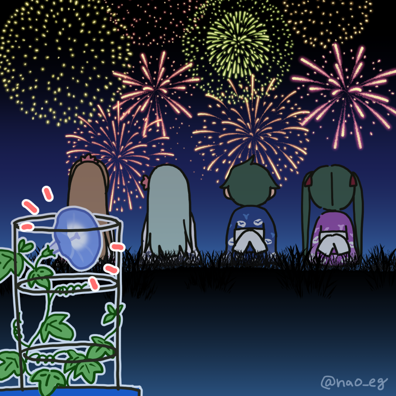 4girls black_hair blooming blue_kimono brown_hair commentary_request fireworks floral_print flower from_above from_behind grey_hair ivy japanese_clothes kantai_collection kimono kumano_(kancolle) long_hair mikuma_(kancolle) mogami_(kancolle) morning_glory multiple_girls nao_(nao_eg) night plant ponytail potted_plant purple_kimono short_hair suzuya_(kancolle) twintails twitter_username yukata