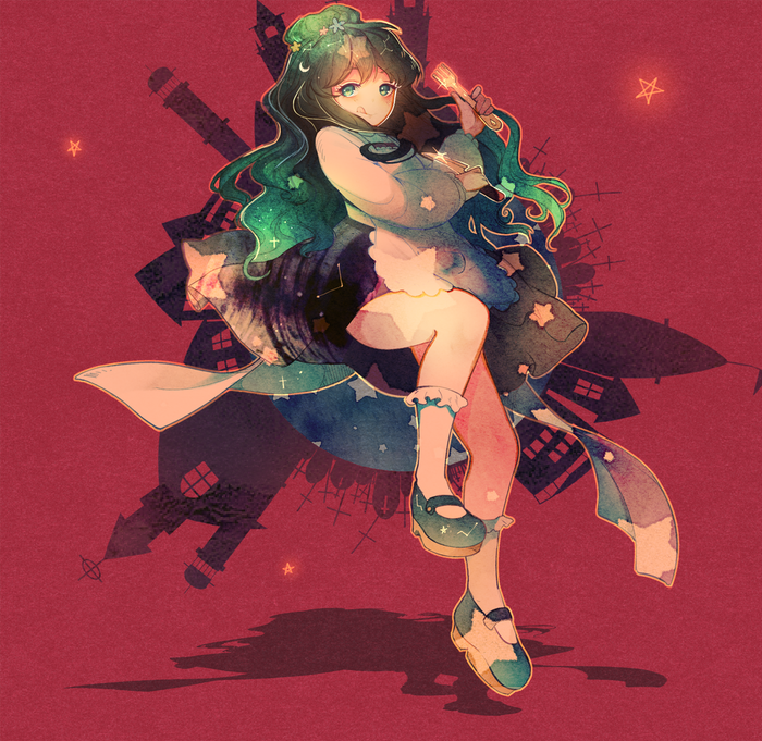 1girl :d apron back_bow blue_flower blue_footwear blue_skirt bow building closed_mouth constellation_print crescent_print english_commentary eyelashes flag flower fork frilled_sleeves frilled_socks frills full_body gleam green_eyes green_hair hair_flower hair_ornament holding holding_fork holding_knife hoshi-pan knife leg_up lighthouse long_hair long_sleeves looking_at_viewer mary_janes miniskirt original pink_flower puffy_long_sleeves puffy_sleeves red_background shadow shirt shoes skirt smile socks star_(symbol) star_hair_ornament star_print tombstone tongue wavy_hair white_apron white_bow white_shirt white_socks