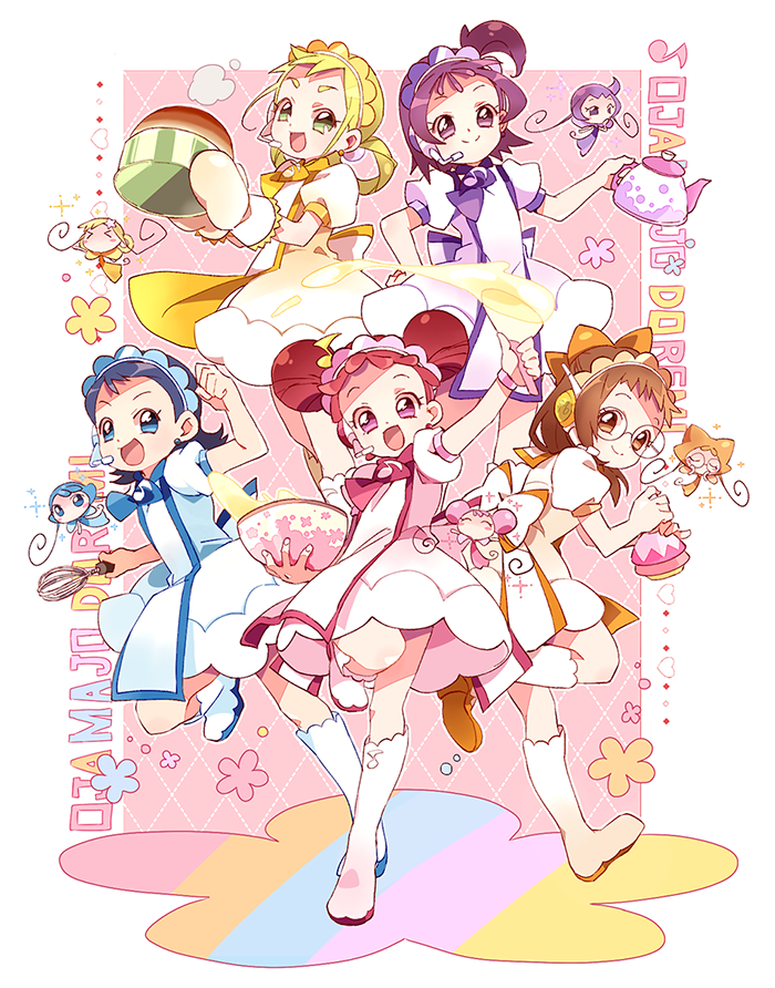 &gt;_&lt; 5girls arm_up asuka_momoko blonde_hair blue_eyes blue_hair blue_scarf boots bow bowl brown_eyes brown_hair cake commentary_request copyright_name dodo_(ojamajo_doremi) double_bun dough dress fairy food fujiwara_hazuki full_body glasses green_eyes group_picture hair_bow hair_bun hair_rings harukaze_doremi headset holding holding_bowl holding_spatula holding_teapot holding_whisk kooribinu korean_commentary long_hair looking_at_viewer magical_girl mimi_(ojamajo_doremi) multiple_girls musical_note nini_(ojamajo_doremi) ojamajo_doremi one_side_up open_mouth orange_bow pink_eyes pink_scarf puffy_short_sleeves puffy_sleeves purple_hair purple_scarf redhead rere_(ojamajo_doremi) roro_(ojamajo_doremi) round_eyewear scarf segawa_onpu senoo_aiko short_hair short_sleeves smile sparkle spatula standing standing_on_one_leg teapot violet_eyes whisk white_dress white_footwear white_mittens yellow_scarf
