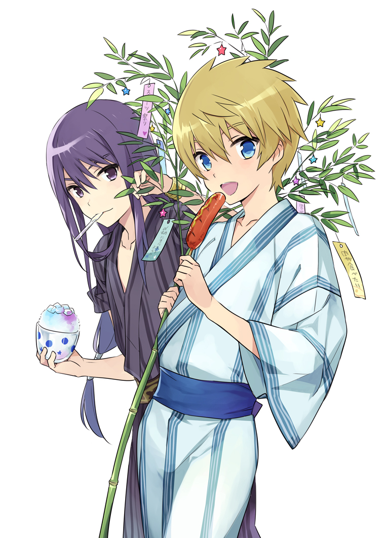 2boys alternate_costume black_eyes black_hair blonde_hair blue_eyes bracelet branch collarbone flynn_scifo food hair_between_eyes holding holding_branch holding_food japanese_clothes jewelry kimono long_hair looking_at_viewer low_ponytail male_focus motoko_(ambiy) multiple_boys sausage shaved_ice short_hair smile striped tales_of_(series) tales_of_vesperia tanabata utensil_in_mouth white_background yuri_lowell