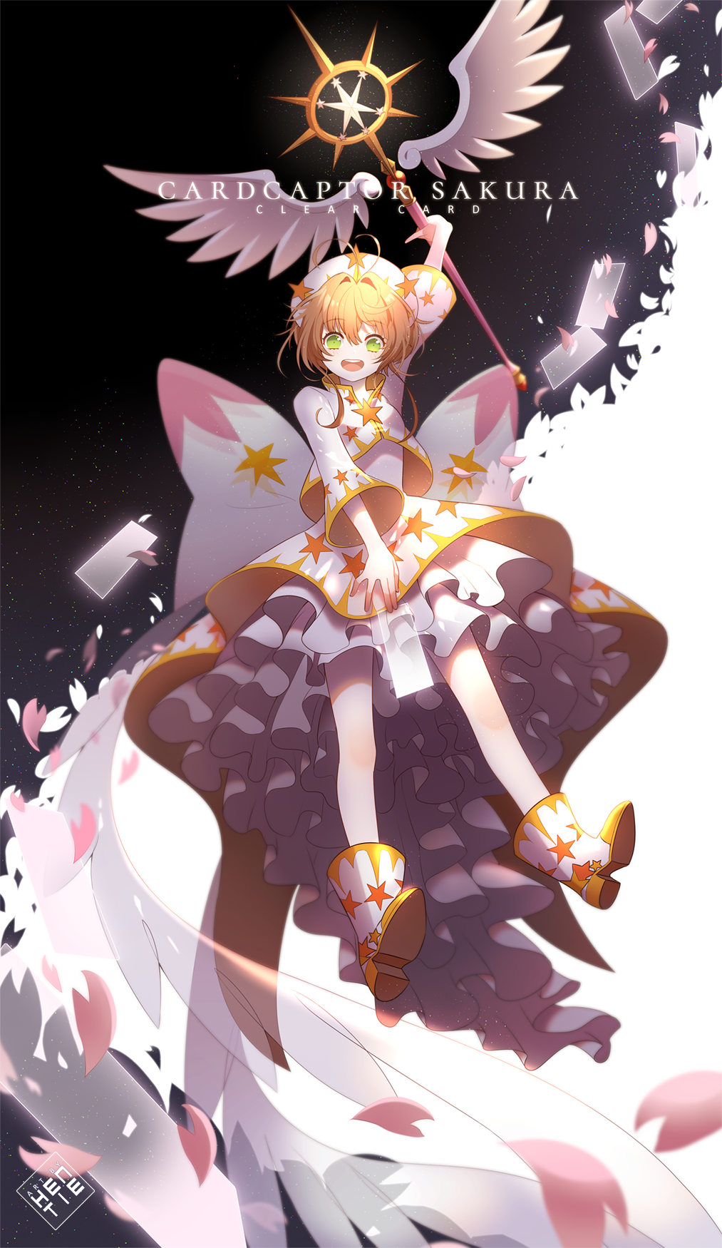 1girl antenna_hair arm_above_head back_bow black_background boots bow brown_hair card cardcaptor_sakura clear_card collared_jacket copyright_name dress english_commentary english_text feathers frilled_dress frills full_body gold_trim green_eyes hand_on_lap hat hat_ornament heart_antenna_hair hen-tie highres holding holding_card holding_wand jacket kinomoto_sakura layered_dress long_sleeves looking_at_viewer magical_girl open_mouth petals ribbon short_dress short_hair sidelocks signature smile star_(symbol) star_hat_ornament star_print star_wand teeth two-tone_background upper_teeth_only wand white_background white_bow white_dress white_feathers white_footwear white_headwear white_jacket white_ribbon wide_sleeves