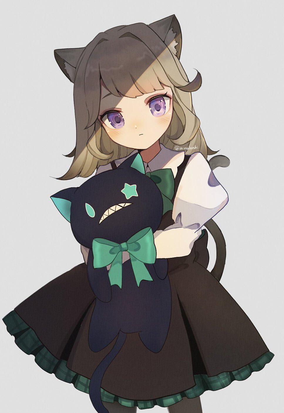 1girl animal_ear_fluff animal_ears black_dress blonde_hair blush bow cat cat_ears cat_girl cat_tail closed_mouth cowboy_shot dress dress_bow frilled_dress frills genshin_impact green_bow grey_background highres holding long_hair long_sleeves looking_at_viewer lynette_(genshin_impact) minahoshi37 object_hug pantyhose puffy_sleeves shirt simple_background solo standing stuffed_animal stuffed_cat stuffed_toy tail violet_eyes white_shirt