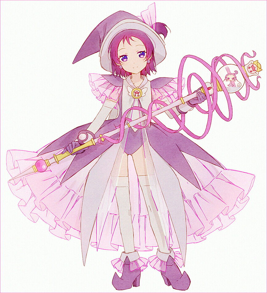 1girl adapted_costume boots brooch closed_mouth commentary_request dress earrings fairy frilled_dress frills full_body gloves hakusai_(tiahszld) hat holding holding_staff jewelry leotard looking_at_viewer magical_girl ojamajo_doremi one_side_up pointy_footwear purple_dress purple_footwear purple_gloves purple_hair purple_headwear purple_leotard roro_(ojamajo_doremi) segawa_onpu short_hair simple_background smile solo staff standing thigh-highs violet_eyes white_background witch_hat