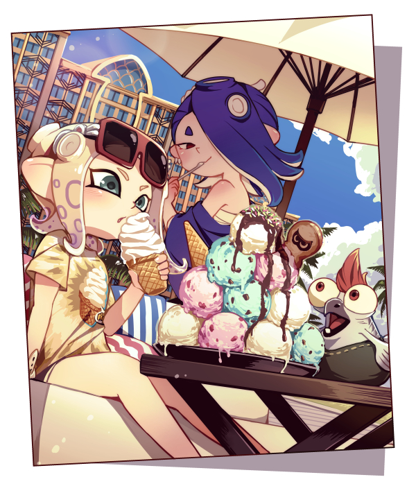 2girls asymmetrical_hair beach_chair beach_umbrella blue_hair blue_jacket blue_sky blush border brown_eyes building character_request check_character chest_sarashi chocolate_syrup closed_mouth clouds eating eyewear_on_head food green_eyes green_vest hair_over_one_eye half-closed_eye holding holding_ice_cream_cone holding_spoon ice_cream ice_cream_print jacket looking_at_another looking_back mohawk multiple_girls octoling octoling_girl off_shoulder outdoors palm_tree picture_frame pointy_ears potsupo red-framed_eyewear red_eyes redhead ribbon-trimmed_vest salmonid sarashi shadow shirt shiver_(splatoon) short_hair short_sleeves sitting sky smallfry_(splatoon) smile splatoon_(series) splatoon_3 spoon stairs stone_stairs sunglasses t-shirt table tattoo tentacle_hair tree umbrella utensil_in_mouth vest white_border white_hair yellow_shirt