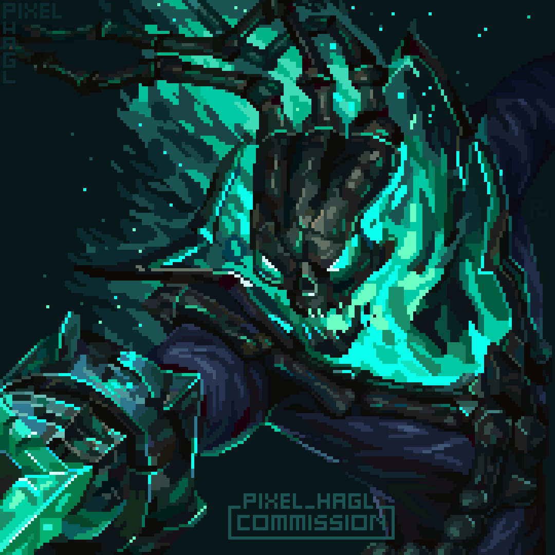 1boy artist_name black_background black_robe commission fire green_fire holding league_of_legends long_sleeves male_focus open_mouth pixel_hagl robe sharp_teeth skull solo teeth thresh_(league_of_legends)