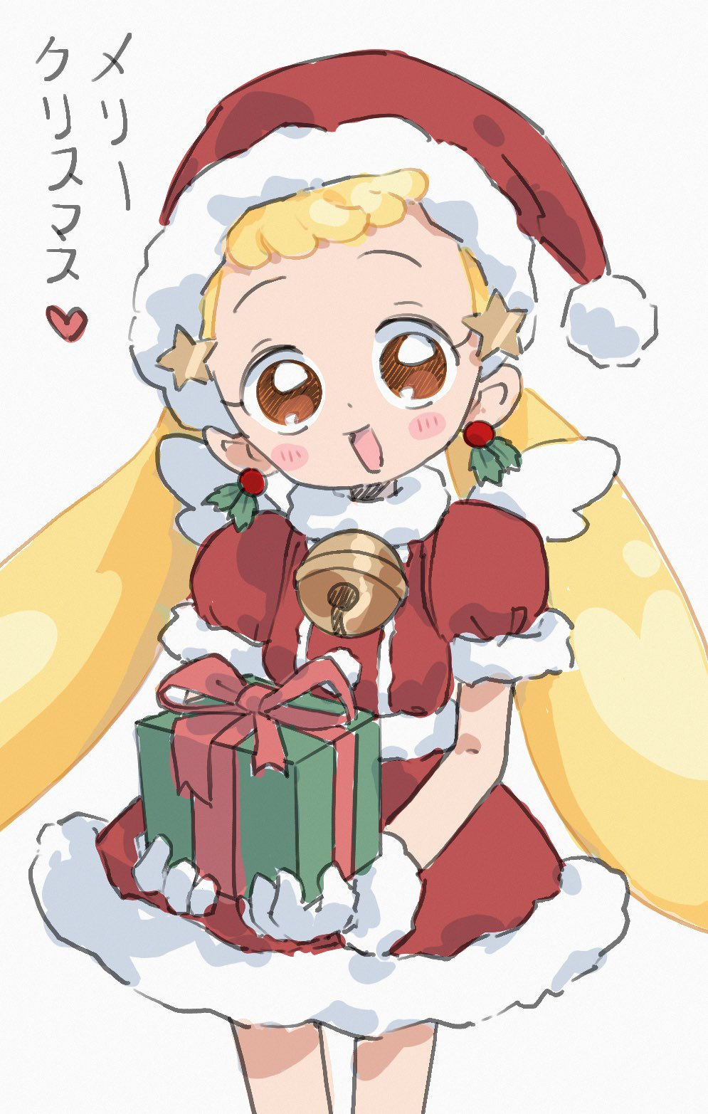 1girl :d alternate_costume blonde_hair blush box commentary cowboy_shot dress earrings english_commentary fur-trimmed_dress fur-trimmed_headwear fur_trim gift gift_box hair_ornament hat highres holding holding_gift jewelry kemori long_hair looking_at_viewer low_twintails makihatayama_hana merry_christmas ojamajo_doremi open_mouth puffy_short_sleeves puffy_sleeves red_dress red_headwear santa_costume santa_dress santa_hat short_sleeves simple_background smile solo standing star_(symbol) star_hair_ornament twintails very_long_hair white_background white_wings wings