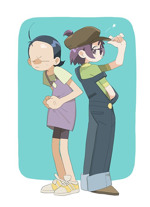 2girls ahoge anger_vein back-to-back blue_hair blue_overalls brown_headwear cabbie_hat closed_eyes closed_mouth cosplay costume_switch dress dress_tug eda_(eeeeeeda119) full_body green_shirt hand_on_headwear hand_up hat multiple_girls ojamajo_doremi one_side_up overalls pinafore_dress purple_dress purple_hair segawa_onpu senoo_aiko shirt shoes short_hair short_sleeves sleeveless sleeveless_dress smile sneakers standing strap_slip t-shirt tongue tongue_out violet_eyes white_shirt yellow_footwear