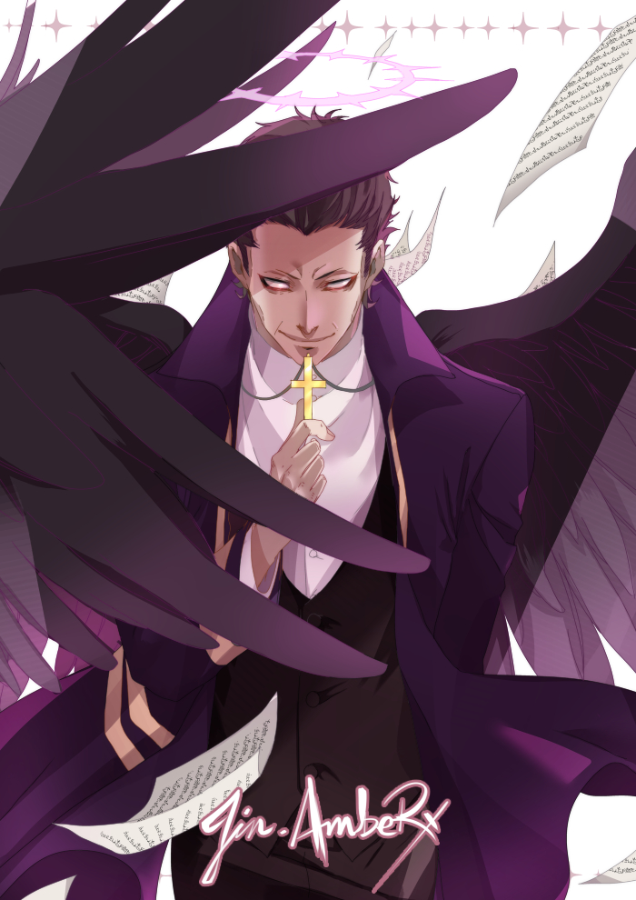 1boy abraham_gray_(satsuriku_no_tenshi) angel_wings arm_behind_back artist_name black_hair black_pants black_vest black_wings blank_eyes closed_mouth coat cowboy_shot cross cross_necklace dress_shirt flying_paper hair_slicked_back halo holding holding_cross jewelry jin_amber looking_at_viewer male_focus mature_male necklace pants paper purple_coat satsuriku_no_tenshi shirt short_hair simple_background smile solo sparkle_background straight-on vest white_background white_shirt wings wrinkled_skin