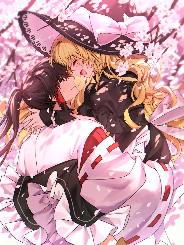 1boy 1girl arms_around_neck black_hair blonde_hair bow branch cherry_blossoms closed_eyes commentary_request enoki_3106 face-to-face falling_petals genderswap genderswap_(ftm) hair_tubes hakurei_reimu hat hat_bow hetero kirisame_marisa long_hair open_mouth petals ponytail red_eyes ribbon-trimmed_sleeves ribbon_trim short_sleeves touhou waist_bow white_bow wide_sleeves witch_hat wrist_cuffs