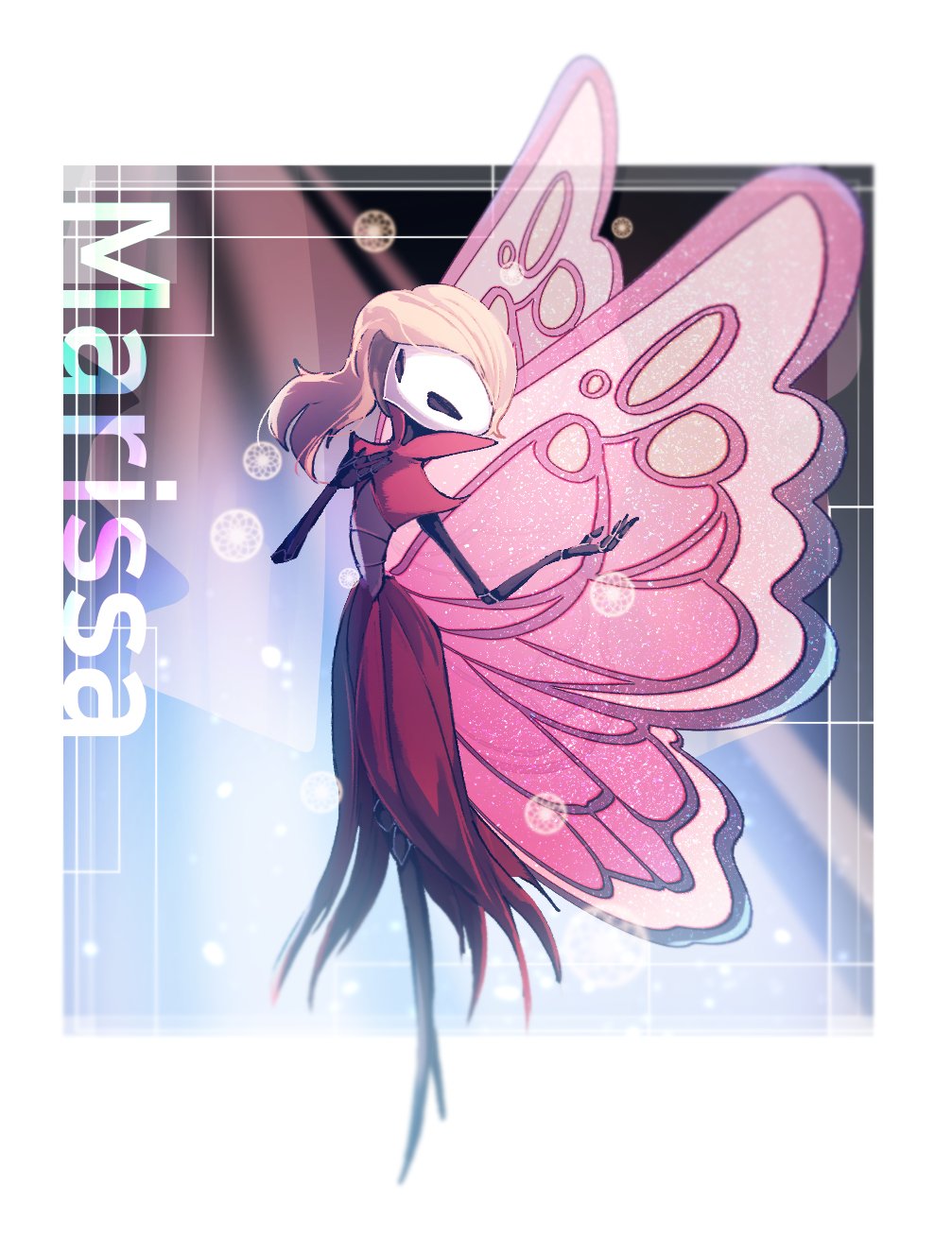 1girl arthropod_girl blonde_hair butterfly_wings dress full_body highres hollow_eyes hollow_knight joints looking_at_viewer marissa_(hollow_knight) ocohc pink_dress solo white_mask wings