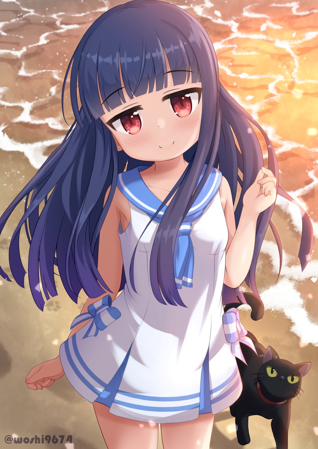 1girl beach black_cat blue_bow blue_hair blue_neckerchief blue_sailor_collar bow cat child commentary_request hand_up highres idolmaster idolmaster_cinderella_girls light_blush long_hair looking_at_viewer neckerchief ocean outdoors paw_print pero_(idolmaster_cinderella_girls) red_eyes sailor_collar sajo_yukimi sidelocks smile sunset thighs twitter_username uosshi walking white_swimsuit