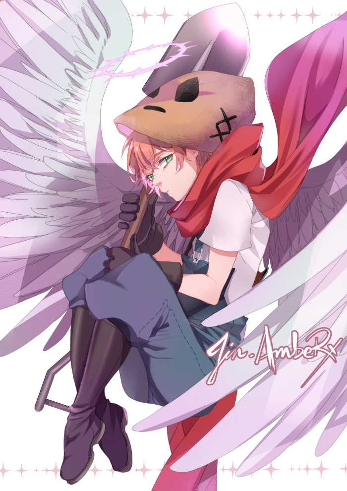 1boy angel_wings artist_name bag_over_head black_footwear black_gloves blue_overalls boots closed_mouth eddie_(satsuriku_no_tenshi) expressionless freckles full_body gloves green_eyes hair_between_eyes halo holding holding_shovel jin_amber knees_to_chest looking_at_viewer male_focus orange_hair overalls red_scarf satsuriku_no_tenshi scarf shirt short_hair short_sleeves shovel sideways_glance simple_background solo sparkle_background white_background white_shirt white_wings wings