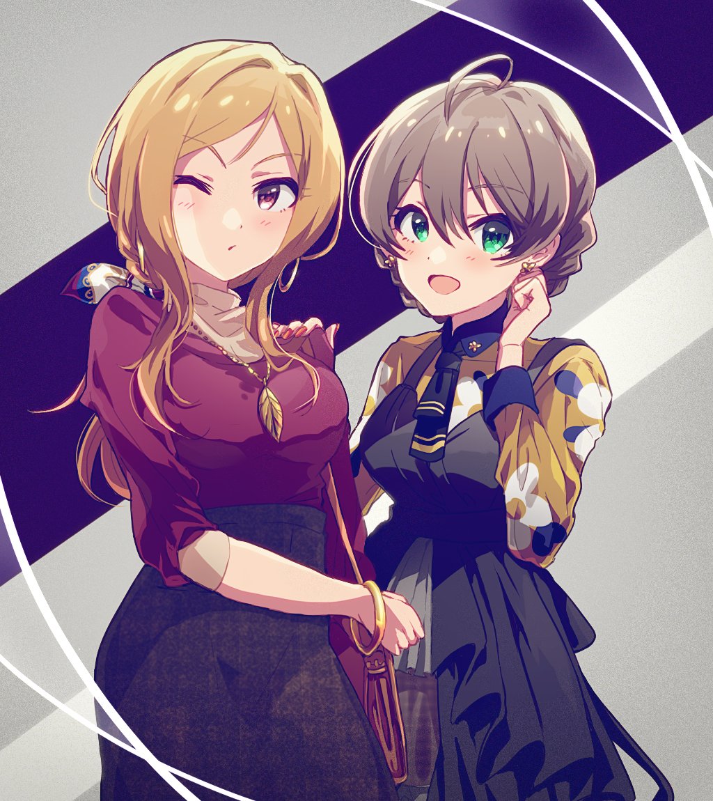 2girls ahoge anaroguya bag black_dress black_necktie black_skirt blonde_hair blush bracelet braid breasts brown_hair clenched_hand cowboy_shot dot_nose dress earrings floral_print green_eyes hair_between_eyes hand_on_another's_shoulder hand_up hoop_earrings idolmaster idolmaster_million_live! idolmaster_million_live!_theater_days jewelry large_breasts leaf_necklace light_brown_hair long_hair long_sleeves looking_at_viewer medium_breasts momose_rio multiple_girls nail_polish necktie one_eye_closed open_mouth parted_lips print_scarf print_shirt red_eyes red_nails red_shirt sakuramori_kaori scarf shirt short_hair shoulder_bag skirt smile standing striped_necktie two-tone_background two-tone_scarf yellow_shirt