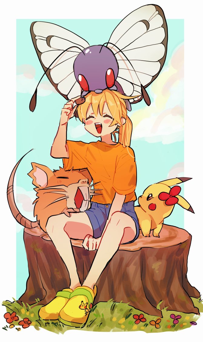 1girl :d blonde_hair blush_stickers border butterfree closed_eyes commentary_request flower grass holding knees long_hair marutoko45 open_mouth orange_shirt pikachu pokemon pokemon_(creature) pokemon_adventures ponytail raticate shirt shoes short_sleeves shorts sitting smile t-shirt teeth tongue tree_stump upper_teeth_only white_border yellow_(pokemon) yellow_footwear