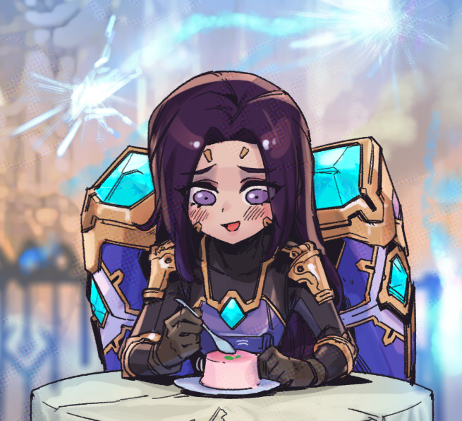 1girl :d alternate_costume blush brown_gloves food gloves holding holding_spoon kai'sa league_of_legends long_hair long_sleeves multicolored_background phantom_ix_row plate purple_hair smile solo spoon table