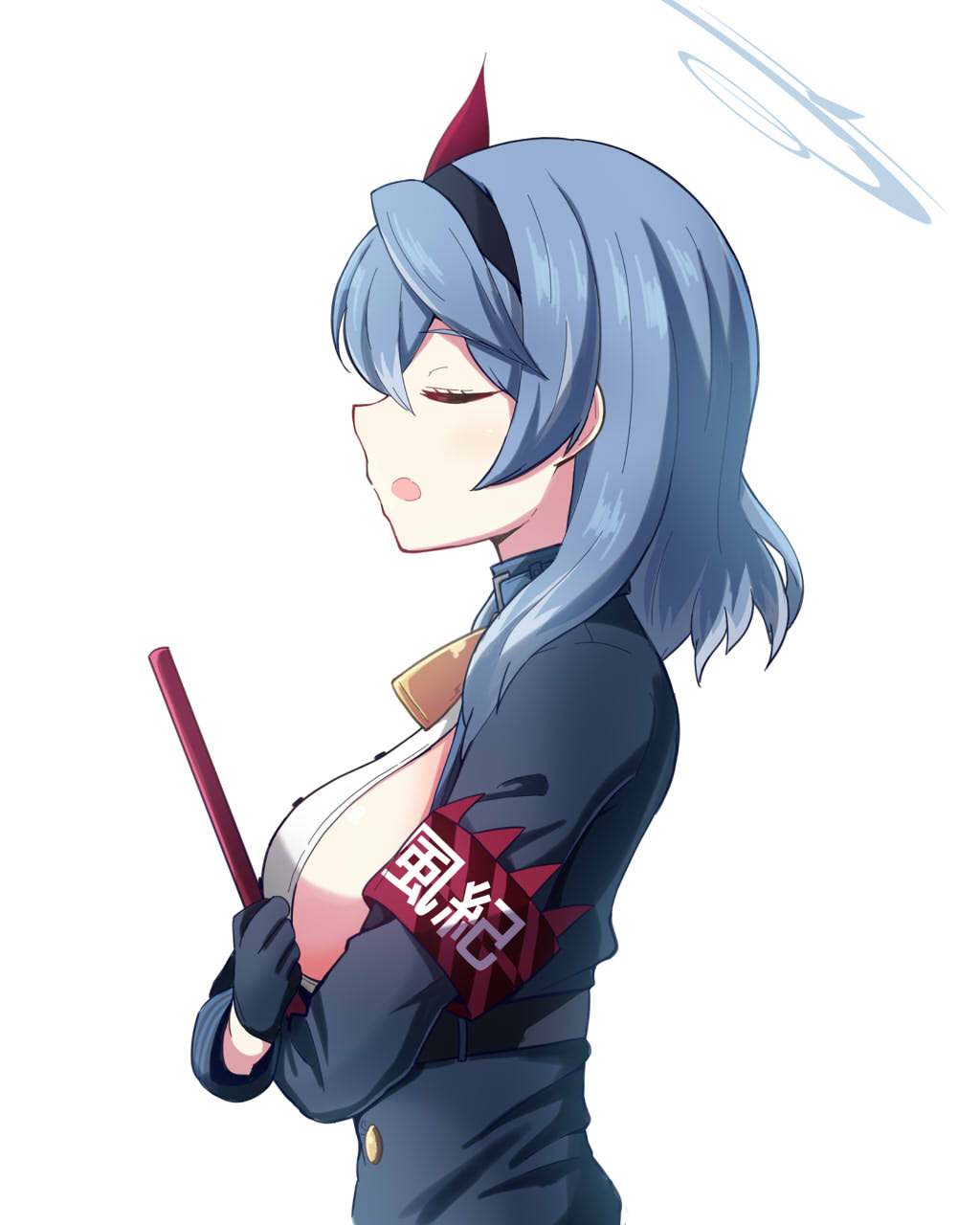 1girl ako_(blue_archive) armband bell black_gloves blue_archive blue_hair breasts clipboard closed_eyes commentary_request crossed_arms from_side gloves hair_between_eyes hairband halo highres holding holding_clipboard long_hair long_sleeves neck_bell open_mouth profile red_armband sideboob sidelocks simple_background solo talking white_background yukimi_unagi