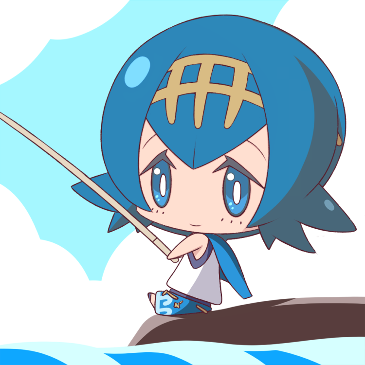 1girl asairosora bare_shoulders blue_eyes blue_hair blue_one-piece_swimsuit blue_pants blue_sailor_collar blue_sky bob_cut bright_pupils chibi closed_mouth clouds commentary_request day fishing fishing_rod from_side full_body hairband happy holding holding_fishing_rod lana_(pokemon) looking_at_viewer ocean one-piece_swimsuit outdoors pants pokemon pokemon_(game) pokemon_sm sailor_collar shirt short_hair sidelocks sitting sky sleeveless sleeveless_shirt smile solo swimsuit swimsuit_under_clothes white_pupils white_shirt yellow_hairband