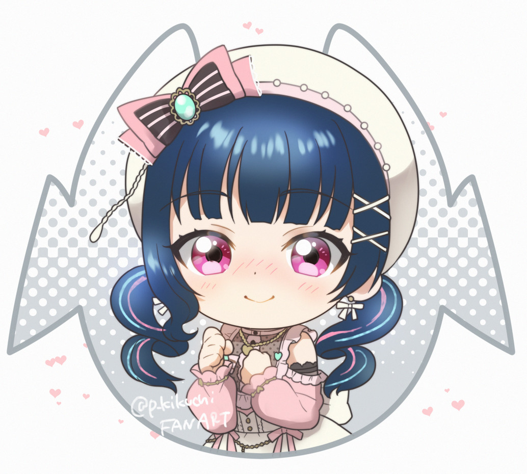 1girl beret blush chibi detached_sleeves dress earrings hat heart heart_necklace jewelry kikuchi_mataha long_hair looking_at_viewer love_live! love_live!_sunshine!! multicolored_hair necklace pink_ribbon ribbon sleeveless sleeveless_dress solo tsushima_yoshiko twintails upper_body violet_eyes white_dress