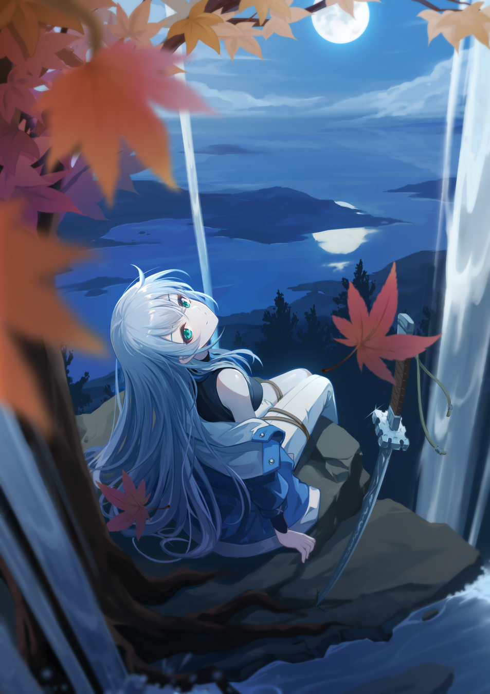 1girl clouds coat denim double-parted_bangs eiyuu_densetsu falling_leaves forest full_moon green_eyes hair_between_eyes hajimari_no_kiseki highres jeans katana lake lancefate leaf long_hair looking_at_viewer loose_clothes maple_leaf maple_tree moon nature night night_sky outdoors pants planted planted_sword reflection reflective_water shizuna_rem_misurugi sky solo sword tree water waterfall weapon white_hair
