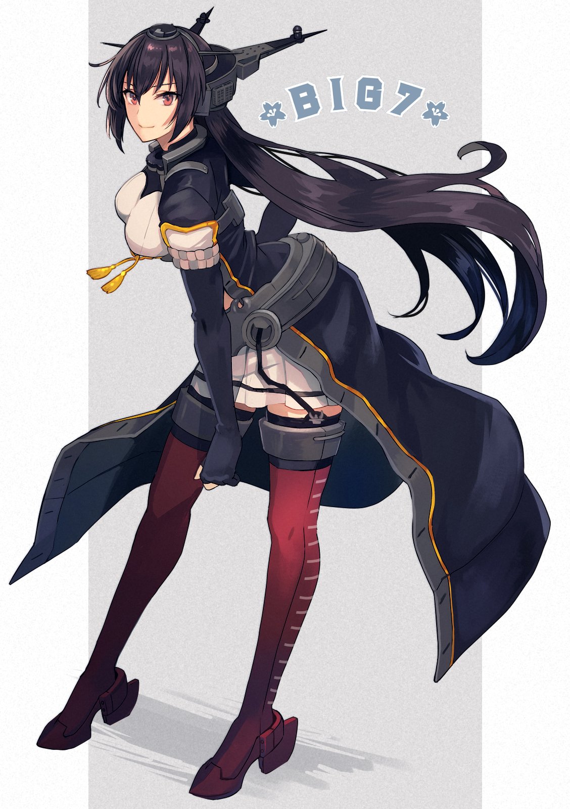 1girl black_coat black_gloves black_hair breasts closed_mouth coat elbow_gloves full_body gloves hair_between_eyes headgear highres kantai_collection kasumi_(skchkko) large_breasts long_coat long_hair nagato_(kancolle) nagato_kai_ni_(kancolle) open_clothes open_coat partially_fingerless_gloves pleated_skirt red_eyes red_footwear rudder_footwear skirt smile solo white_skirt