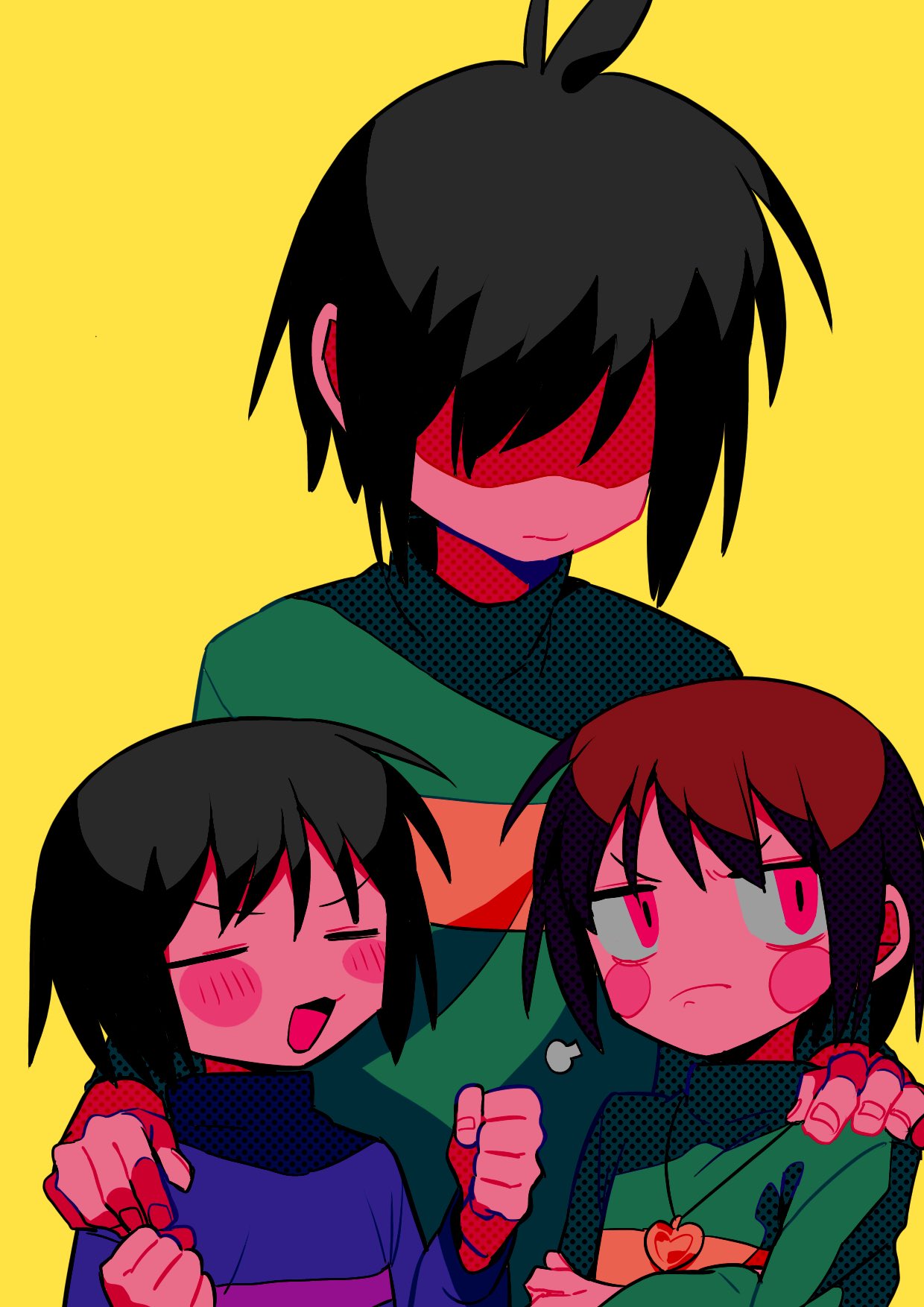 1boy 1girl 1other black_hair blue_shirt brown_hair chara_(undertale) clenched_hands closed_eyes closed_mouth deltarune fingernails frisk_(undertale) frown green_shirt hair_over_eyes hand_on_another's_shoulder heart heart_necklace highres jewelry kris_(deltarune) long_sleeves marking_on_cheek menma_(enaic31) necklace open_mouth pink_eyes shaded_face shirt short_hair striped striped_shirt undertale yellow_background