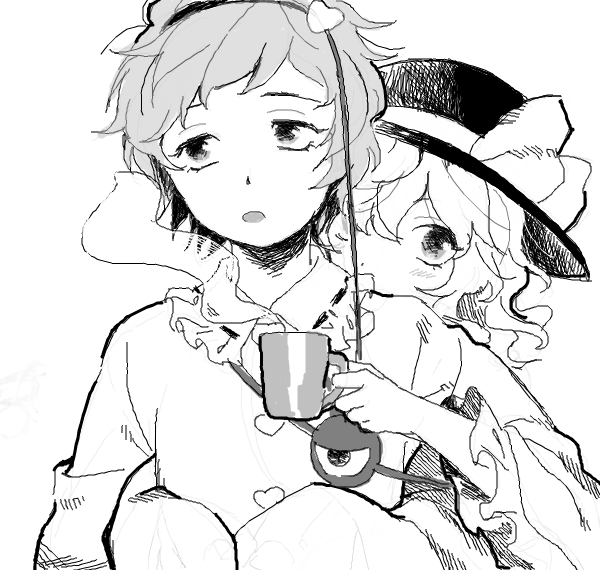 2girls :o blouse blush bow carbonara_hontyotyo collared_shirt covered_mouth crosshatching cup dot_nose drink facing_viewer frilled_shirt_collar frilled_sleeves frills greyscale hair_between_eyes hair_ornament hairband hand_up hat hat_bow hatching_(texture) heart heart_hair_ornament holding holding_cup holding_drink hug hug_from_behind komeiji_koishi komeiji_satori linear_hatching long_sleeves looking_at_viewer looking_to_the_side monochrome mug multiple_girls oekaki parted_lips peeking peeking_out ribbon_trim shirt short_hair siblings simple_background sisters sketch sleeves_past_fingers sleeves_past_wrists steam swept_bangs third_eye touhou upper_body wavy_hair white_background wide_sleeves