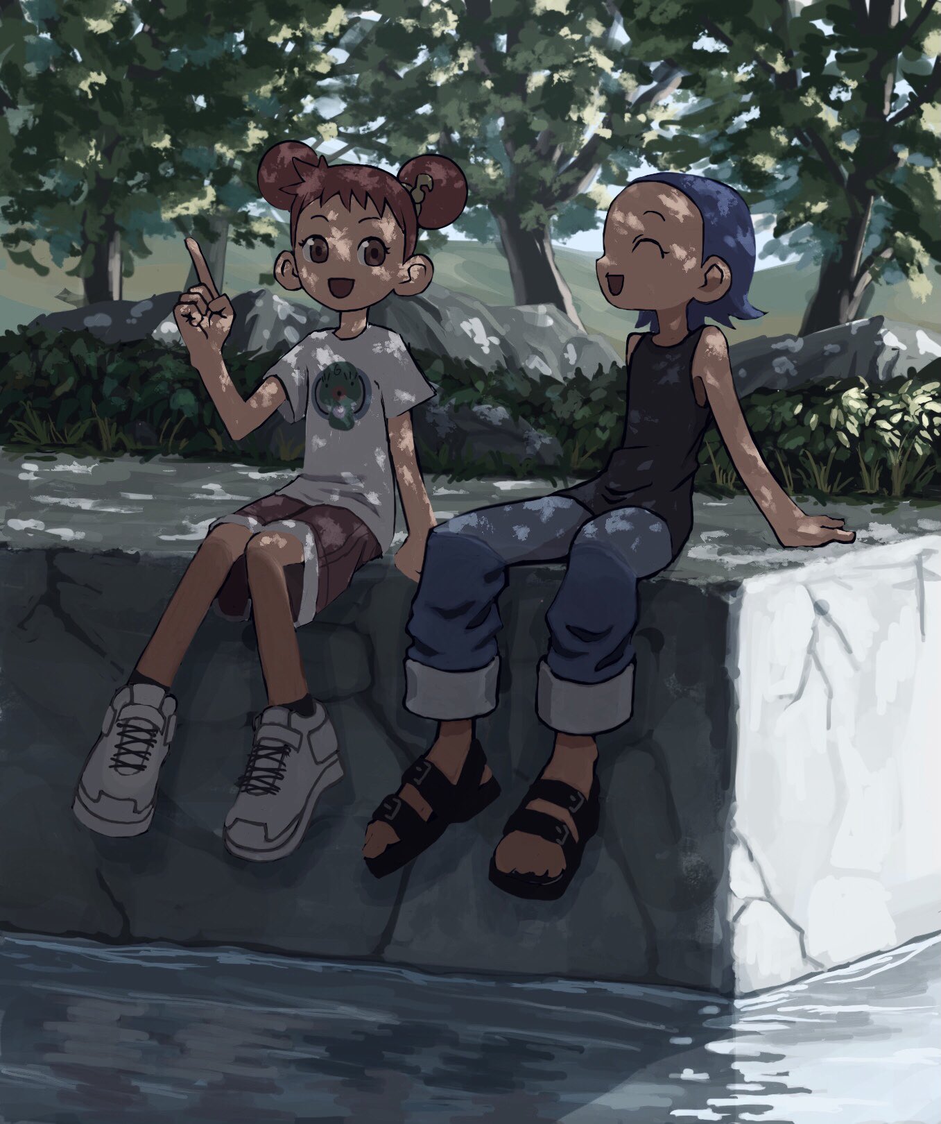 2girls arm_support black_footwear black_shirt blue_hair blue_pants closed_eyes commentary_request day double_bun full_body hair_bun hand_up harukaze_doremi highres looking_at_another majorika multiple_girls ojamajo_doremi open_mouth outdoors pants pants_rolled_up pink_shorts redhead sandals senoo_aiko shirt shoes short_hair short_sleeves shorts sitting sleeveless sleeveless_shirt smile sneakers t-shirt tree tree_shade wabuchi water white_footwear white_shirt