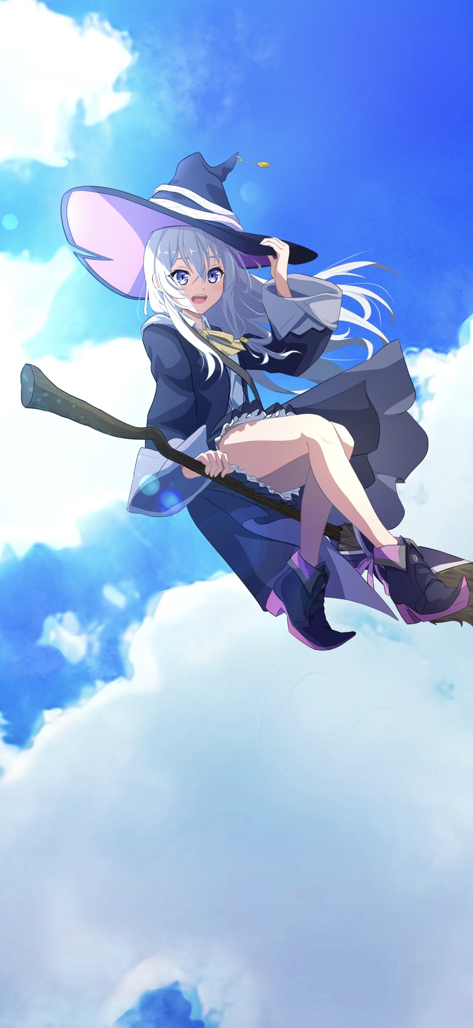 1girl black_headwear black_robe blue_sky bow bowtie broom broom_riding camui1104 clouds cloudy_sky collared_shirt cover_image elaina_(majo_no_tabitabi) flying hat highres hooded_robe long_hair long_sleeves looking_at_viewer majo_no_tabitabi open_clothes open_mouth open_robe pointy_footwear ribbon robe shirt sidesaddle sky smile solo white_shirt witch witch_hat yellow_bow yellow_bowtie yellow_ribbon