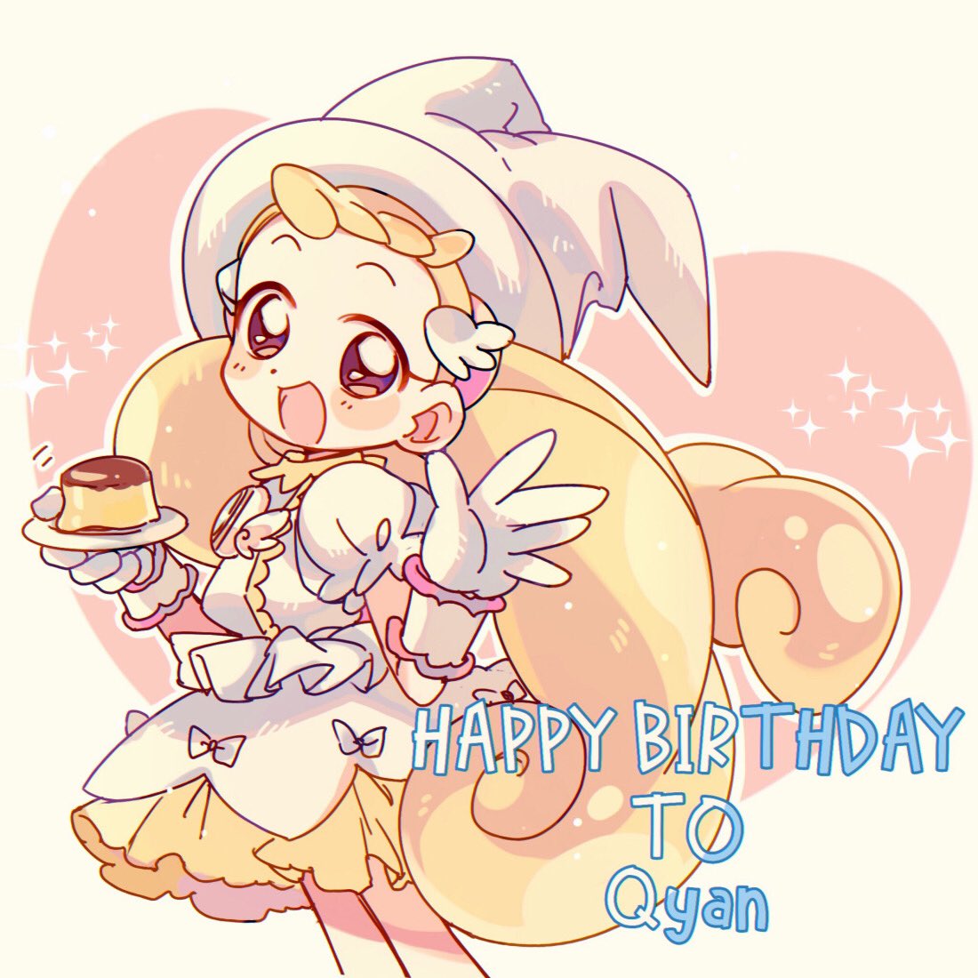 1girl :d blonde_hair blush commentary dress english_commentary food gloves hands_up happy_birthday hat holding holding_plate long_hair looking_at_viewer low_twintails magical_girl makihatayama_hana ojamajo_doremi open_mouth plate pudding puffy_short_sleeves puffy_sleeves short_sleeves smile solo sparkle standing suzuki_(2red_moon3) twintails very_long_hair white_dress white_gloves white_headwear wing_hair_ornament