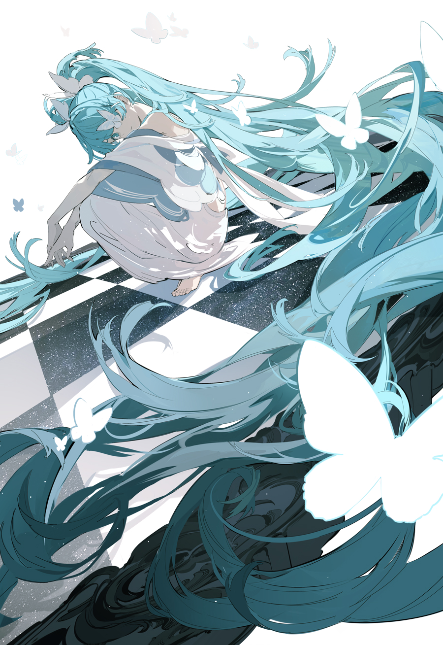 1girl absurdly_long_hair animal bare_shoulders barefoot blue_eyes blue_hair bug butterfly butterfly_hair_ornament checkered_floor closed_mouth commentary dress hair_ornament hatsune_miku highres long_hair nine_(liuyuhao1992) simple_background smile solo squatting twintails very_long_hair vocaloid white_background white_dress