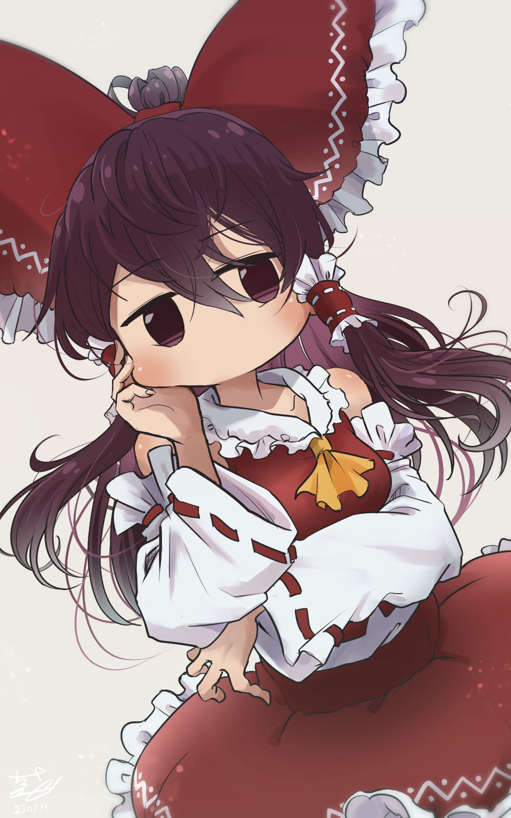 1girl ascot black_hair bow breasts chamaji commentary_request dated detached_sleeves frilled_bow frilled_hair_tubes frills hair_bow hair_tubes hakurei_reimu hand_on_own_cheek hand_on_own_face highres light_blush long_hair looking_at_viewer no_mouth nontraditional_miko red_bow red_skirt ribbon-trimmed_sleeves ribbon_trim sidelocks signature skirt skirt_set solo touhou yellow_ascot