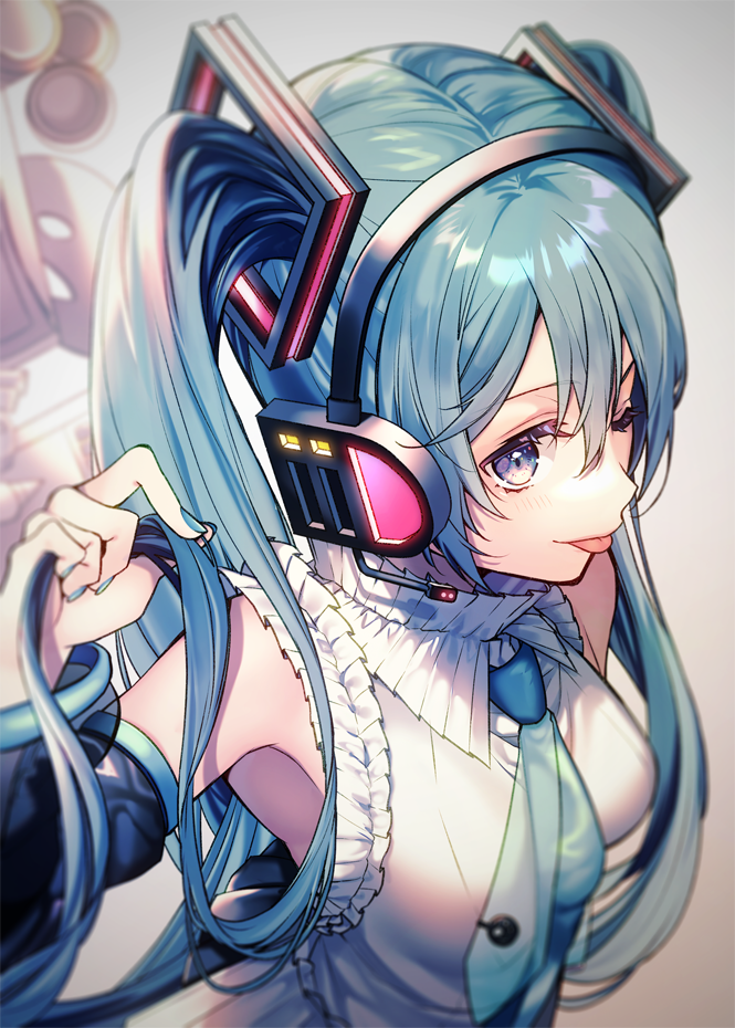 1girl ;p armpit_crease bare_shoulders black_sleeves blue_eyes blue_hair blue_nails blue_necktie blurry blurry_background breasts detached_sleeves eyelashes fingernails from_above from_side grey_background hair_between_eyes hand_up hatsune_miku hatsune_miku_happy_16th_birthday_-dear_creators- headset high_collar holding holding_hair light_blue_hair light_blush long_hair looking_afar medium_breasts necktie one_eye_closed profile shiomizu_(swat) shirt sidelocks simple_background sleeveless sleeveless_shirt smirk solo straight_hair tie_clip tongue tongue_out twintails upper_body very_long_hair vocaloid white_shirt wide_sleeves