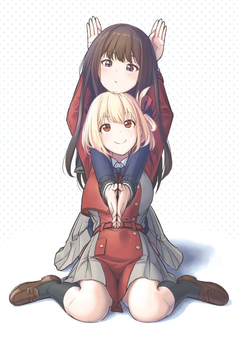 2girls arms_around_neck arms_up belt black_hair black_socks blonde_hair blue_dress blue_eyes blush bob_cut brown_footwear closed_mouth commentary dress grey_dress guitaristkaz highres inoue_takina kneeling leaning_back loafers long_hair looking_at_another looking_down looking_up lycoris_recoil lycoris_uniform meme multiple_girls nishikigi_chisato own_hands_together pleated_dress red_belt red_dress red_eyes red_ribbon ribbon sakana~_(meme) shadow shoes short_hair sitting smile socks two-tone_dress wariza
