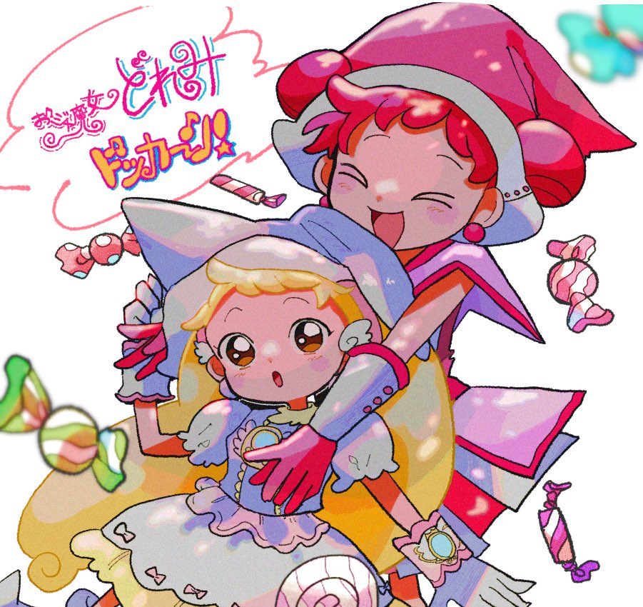 &gt;_&lt; 2girls :d blonde_hair blush candy closed_eyes commentary copyright_name double_bun dress earrings food gloves hair_bun hand_up harukaze_doremi hat hug hug_from_behind jewelry long_hair looking_at_another magical_girl makihatayama_hana multiple_girls ojamajo_doremi open_mouth outstretched_arm pink_dress pink_gloves pink_headwear puffy_short_sleeves puffy_sleeves redhead short_hair short_sleeves smile twintails very_long_hair white_dress white_gloves white_headwear wing_hair_ornament witch_hat yuta_(mrq182)