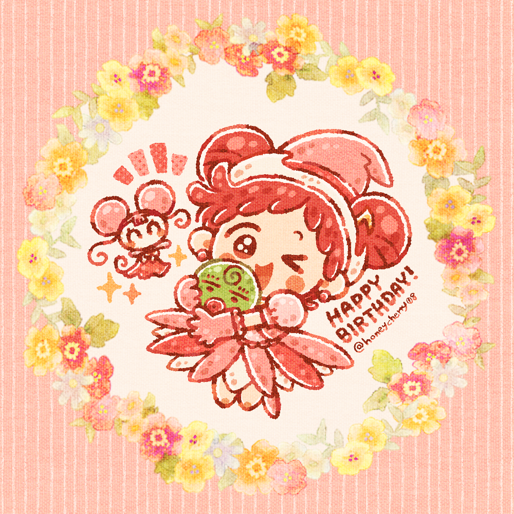 1girl blush cherry_pie_(honeycherry08) chibi closed_eyes commentary_request dodo_(ojamajo_doremi) double_bun dress earrings fairy flower full_body gloves hair_bun happy_birthday harukaze_doremi hat holding jewelry looking_at_viewer magical_girl majorika ojamajo_doremi one_eye_closed open_mouth pink_background pink_dress pink_footwear pink_gloves pink_headwear redhead short_hair smile solo sparkle twitter_username witch_hat