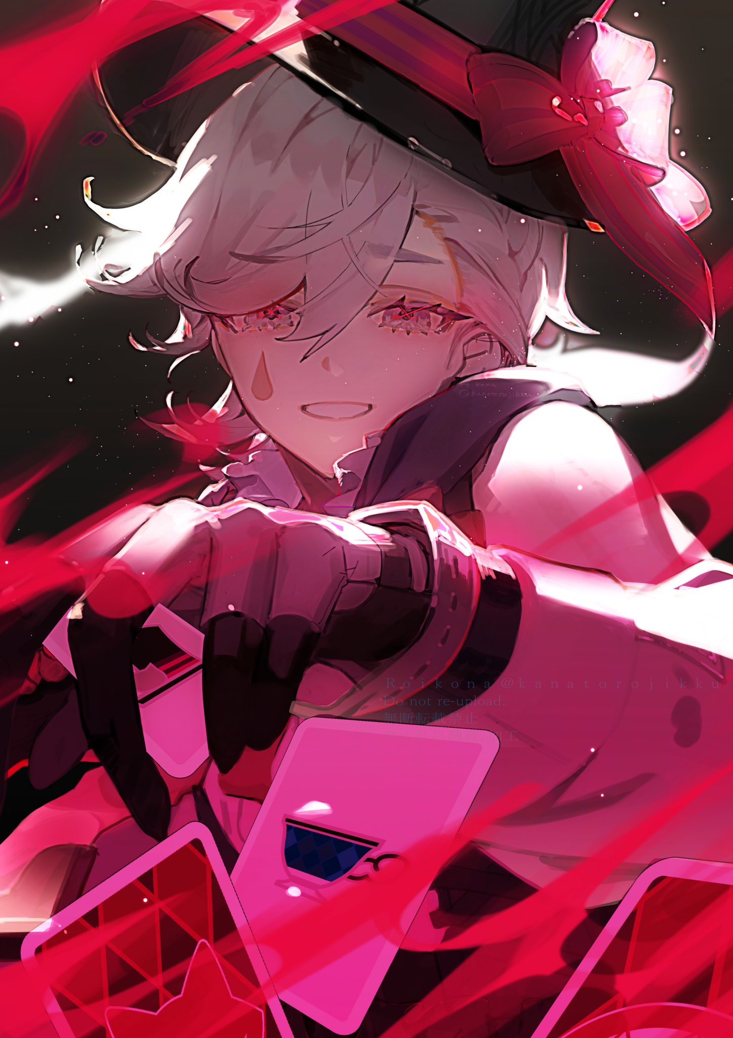 1boy :d black_headwear card genshin_impact grin hair_between_eyes hat highres looking_at_viewer lyney_(genshin_impact) male_focus open_mouth playing_card red_eyes roikona short_hair smile solo teardrop_facial_mark teardrop_tattoo top_hat two-tone_gloves upper_body white_hair