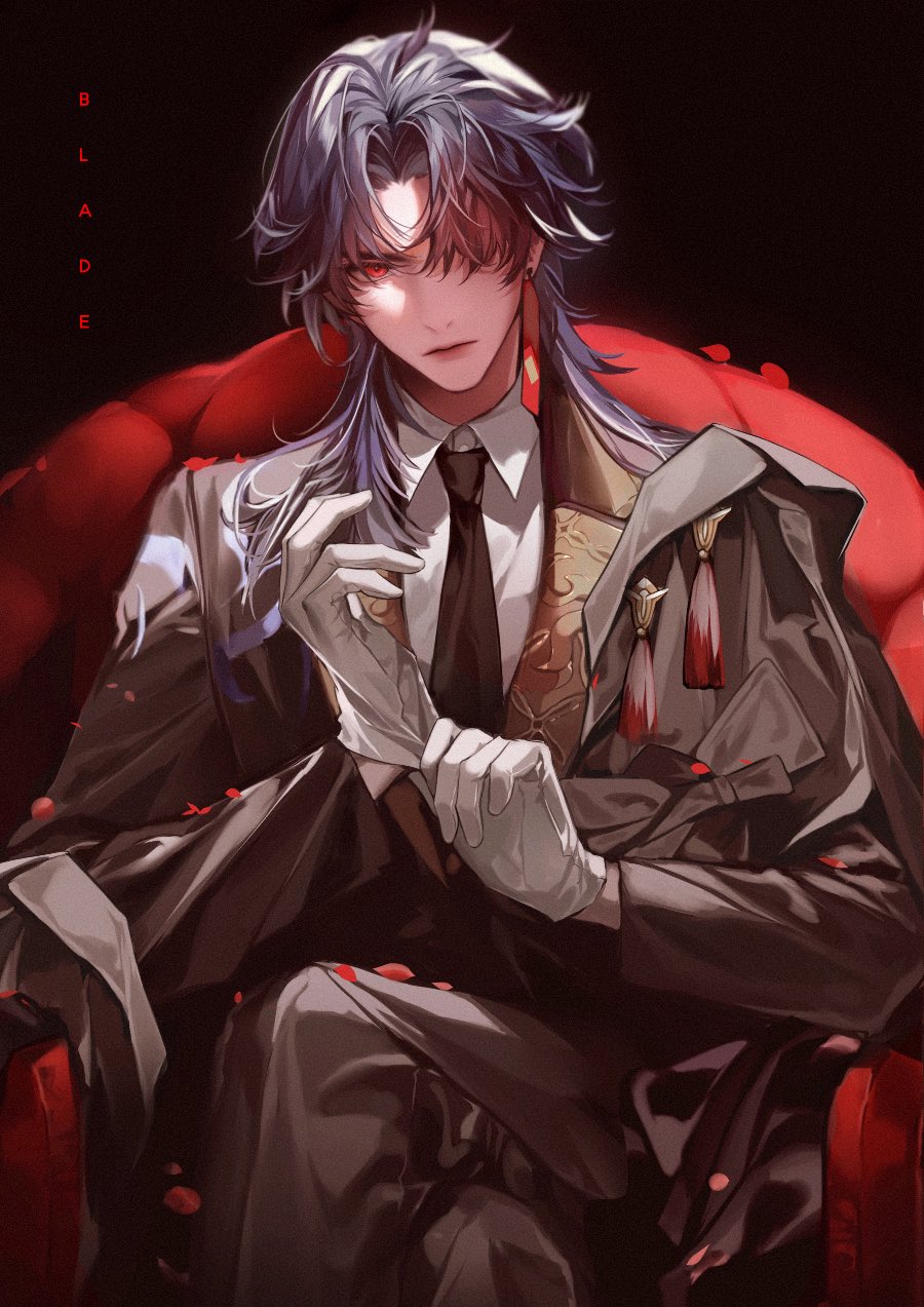1boy black_background black_hair black_jacket black_necktie black_pants black_suit blade_(honkai:_star_rail) chair character_name closed_mouth collared_shirt crossed_legs earrings expressionless formal gloves hair_over_one_eye highres honkai:_star_rail honkai_(series) jacket jewelry long_hair looking_at_viewer male_focus necktie on_chair pants parted_bangs petals red_eyes rose_petals shirt simple_background sitting solo suit tassel tassel_earrings to_e white_gloves white_shirt