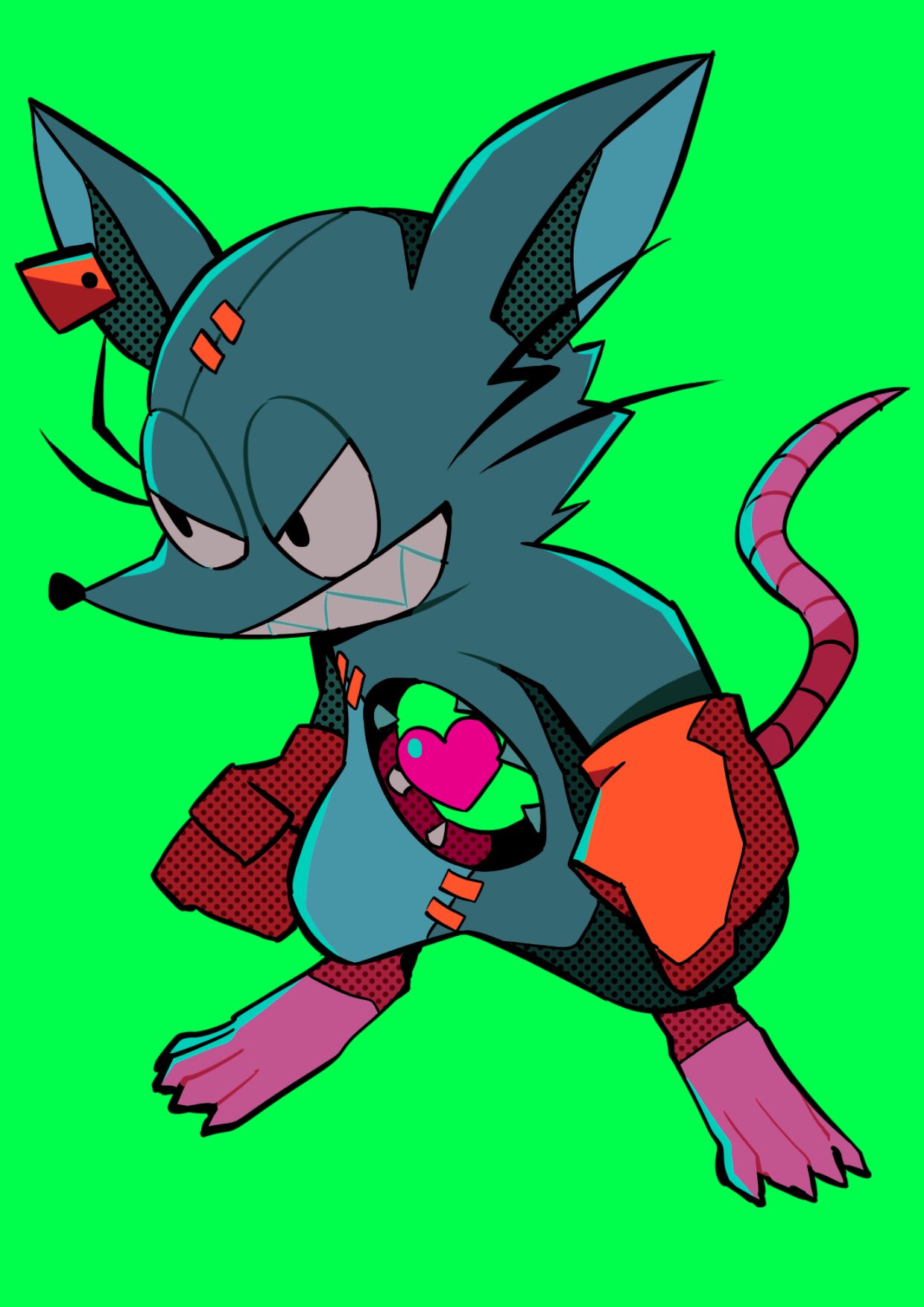 1boy black_eyes clenched_hand ear_tag full_body furry gloves green_background grey_background grin heart heart_(mad_rat_dead) highres mad_rat_(mad_rat_dead) mad_rat_dead menma_(enaic31) mouse no_humans orange_gloves sharp_teeth simple_background smile solo standing stitched_face stitches teeth whiskers