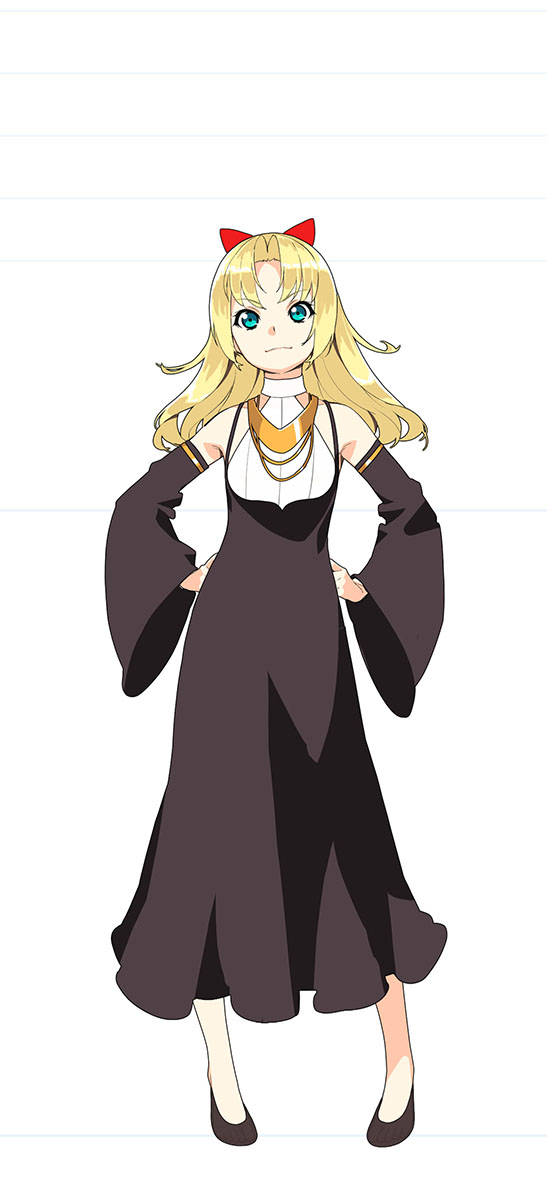 1girl aqua_eyes black_dress black_footwear blonde_hair bow detached_sleeves dress flat_chest full_body hair_bow hands_on_own_hips highres ino_(magloid) jewelry long_hair long_sleeves looking_at_viewer necklace original red_bow simple_background solo white_background wide_sleeves